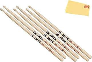 Vic Firth American Classic 5B Wood-Tipped Drumsticks - 3-Pack Bundle with Austin Bazaar Polishing Cloth