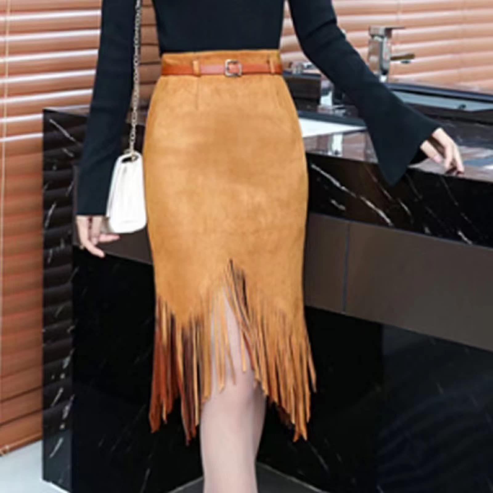 Jupe longue printemps automne crayon longueur genou tricot coton jupe femme taille haute jupe asymétrique, marron, 36