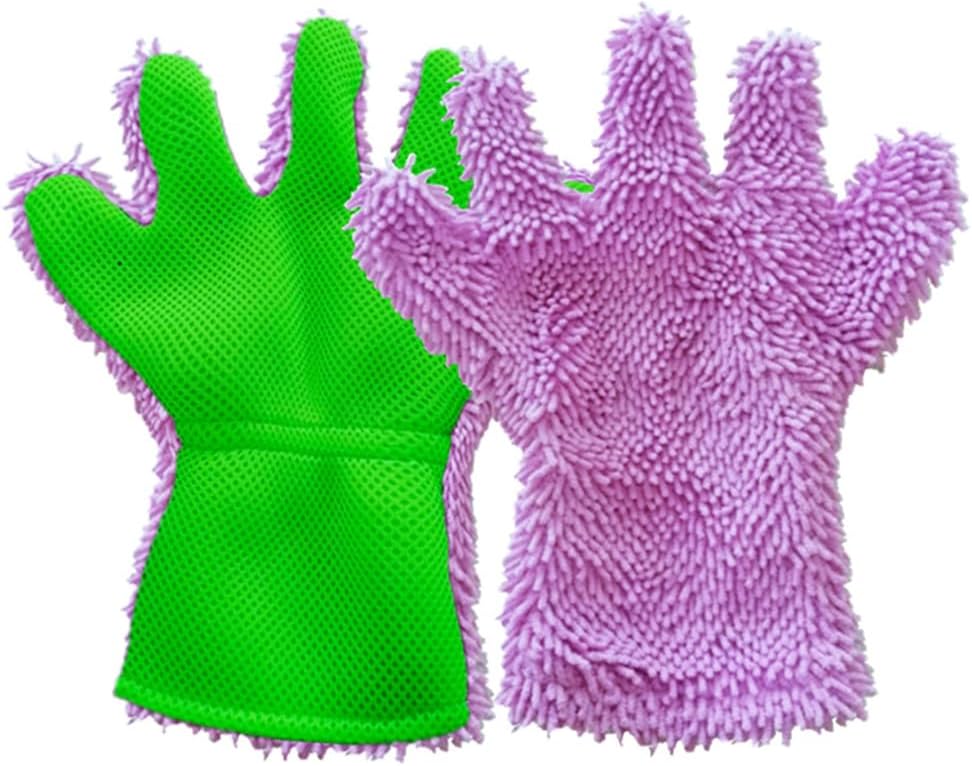 TopHomer Pair of 5-Finger Car Cleaning Gloves, Car Washing Sponges Mitts, Car Interior Exterior Cleaning Gloves, Auto Chenille Washing Kits (Purple Green)