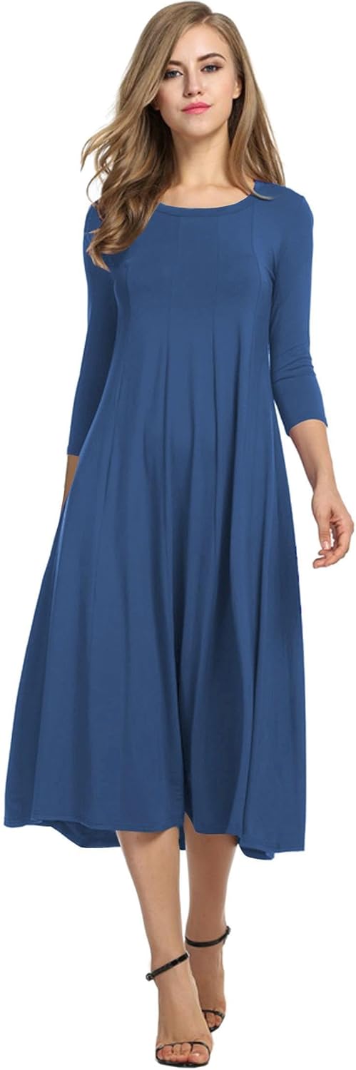 HOTOUCH Women's 3/4 Sleeve A-line and Flare Midi Long Dress