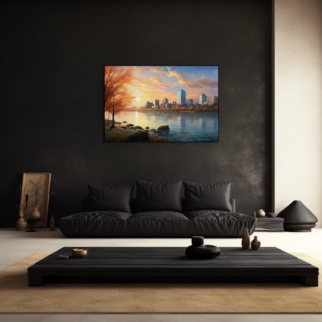 Canvas for Living room. Autumn Splendor Reflected: Serenity at Sunset in the City, 27 x 18 inch Canvas Wall Art - Contemporary Masterpieces - Modern Home Decor - 27 x18 inch