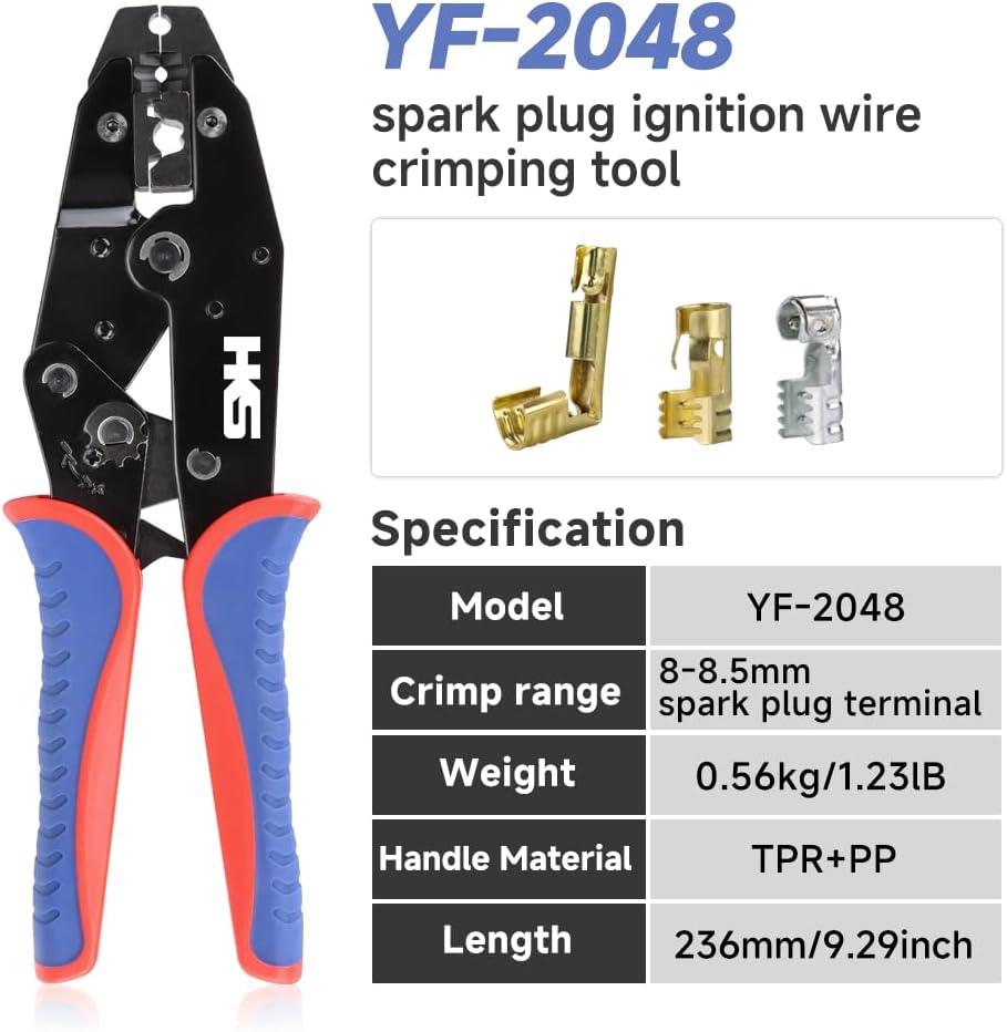 Spark Plug Wire Crimping Tool Kit for Ignition Cables, Ratcheting Crimper, 24 Spark Plug Terminals (180° 90° Straight), 24 Boots, Fits up to 8.5mm Wires