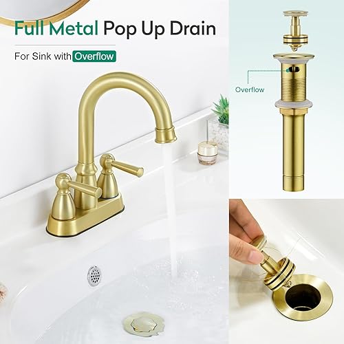 Miniatura 4 de CREA Grifos de baño de oro cepillado, grifo de baño central de 4 pulgadas, 2 agujeros, doble asa, grifos de lavabo de baño con grifo de drenaje