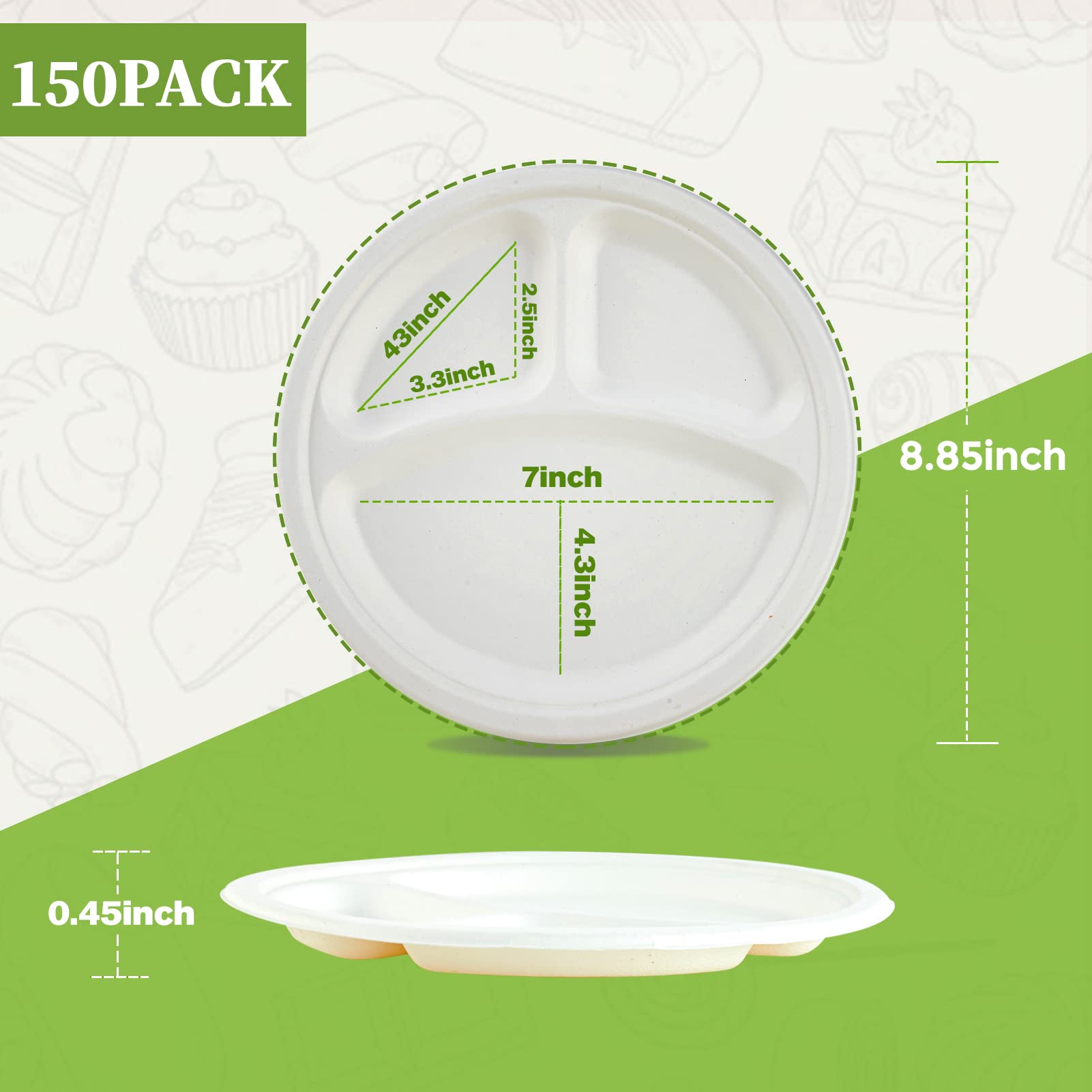 ECOLipak Paquete de 150 platos compostables de 3 compartimentos, platos de papel biodegradables desechables de 22,8 cm, platos ecológicos de bagazo de caña de azúcar para fiesta y cena