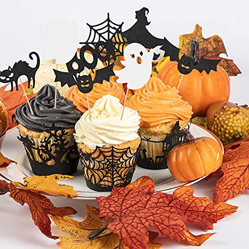 48 Pcs Halloween Cupcake Toppers Bat Ghost Witch Cupcake Picks Glitter Halloween Cake Cupcake Topper Decorations For Halloween Party Decoration Supplies #TOP4