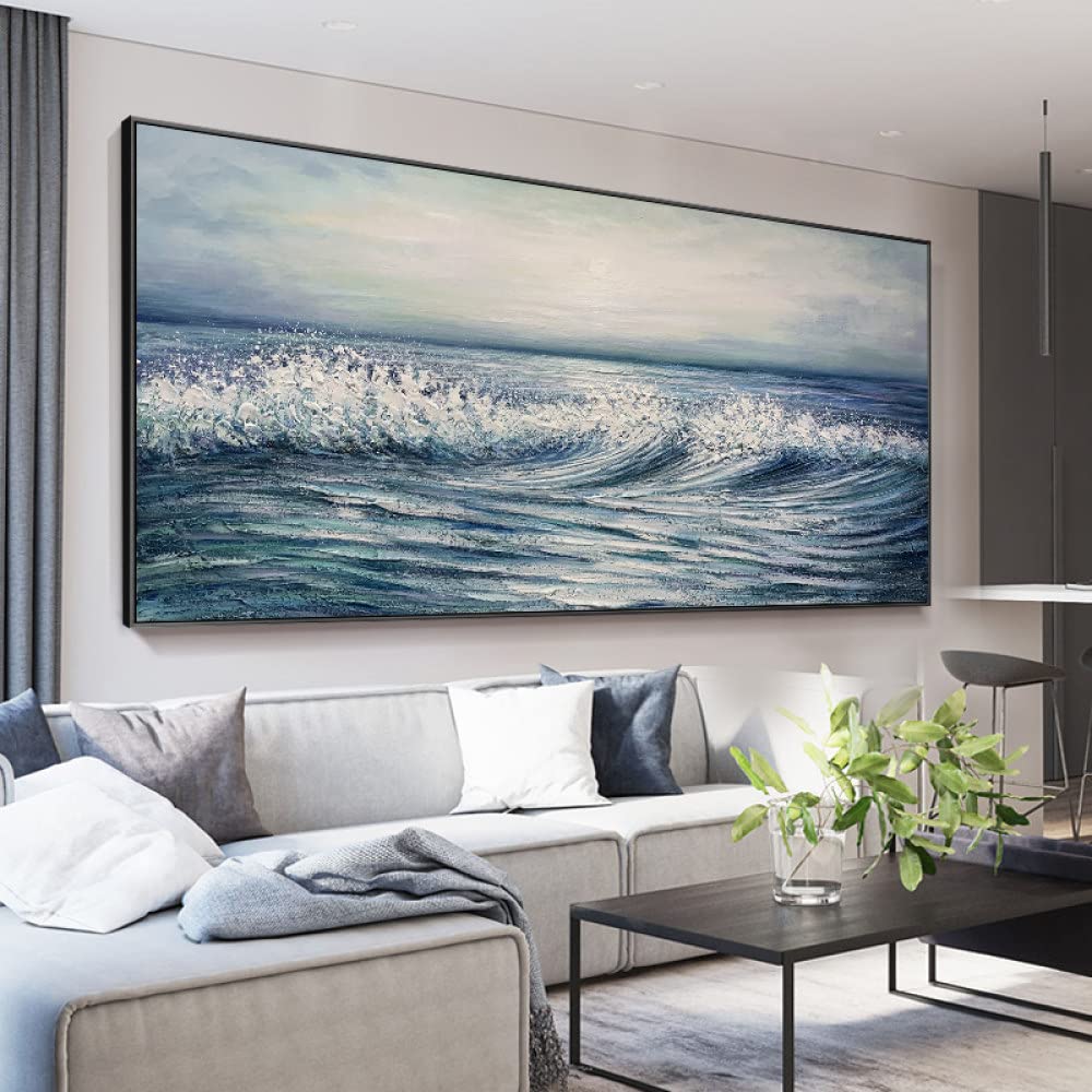 Hand Painted Oil Painting - 3D Knife Thick Texture Modern Abstract/Landscape Luxury Ocean and 3D Blue Ocean Wave/Horizontal Version Wall Pictures for Living Room Home Decor Huge Large Office Hot