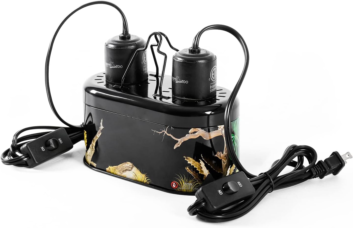 Nano Combo Print Tropical Desert Reptile Dual Deep Dome Lamp Fixture for Reptile Max 40 Watts Max Bulb Height 4 in Per Socket UVB Light Fixture Dual Lamp Cap Combo Integration Design