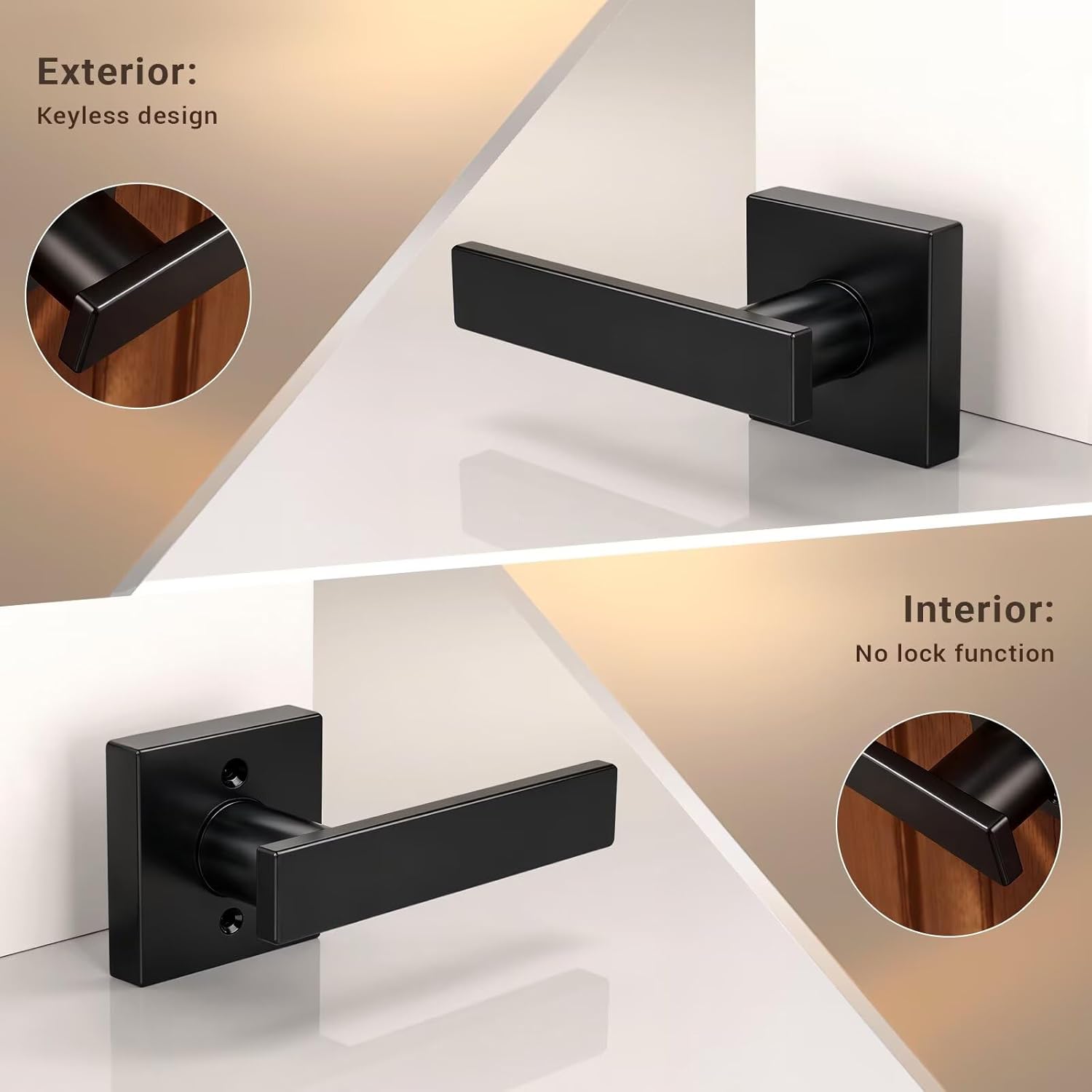 Knobonly 6 Pack Square Passage Door Levers Interior, Black Door Handles, Hallway Closet Door Handlesets Indoor, Keyless Black Door Knobs Reversible for Right & Left