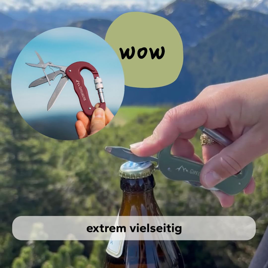 Gipfelgaudi Multitool Karabiner - ideal zum Wandern, Picknick & mehr I Plastikfreier Karabiner to Go aus rostfreiem Edelstahl