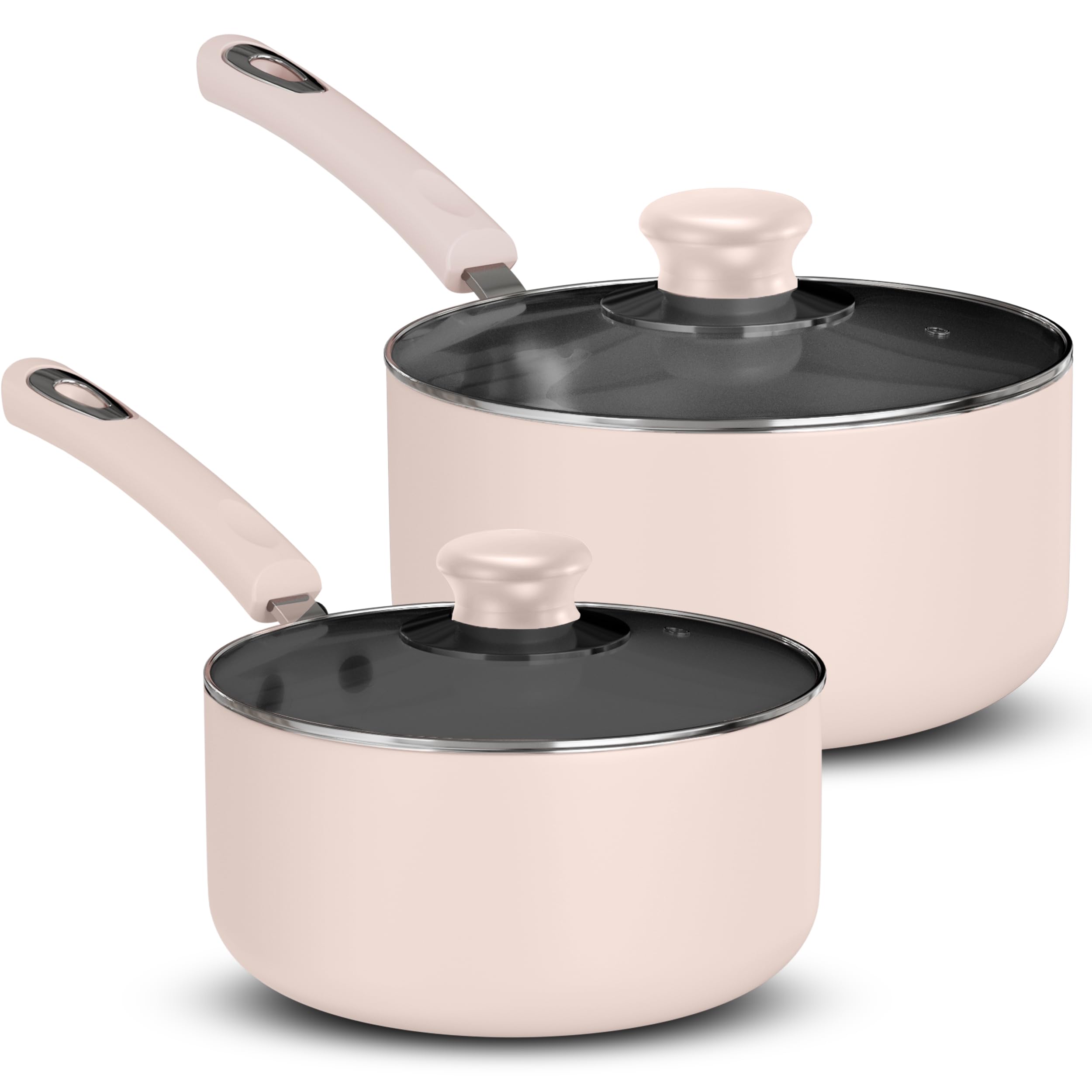 Utopia Kitchen Nonstick Stock Pot Saucepan Set with Lids, 1 Quart and 2 Quarts Multipurpose Stock Pots Set for Home, Kitchen or Restaurant, Pink & Black