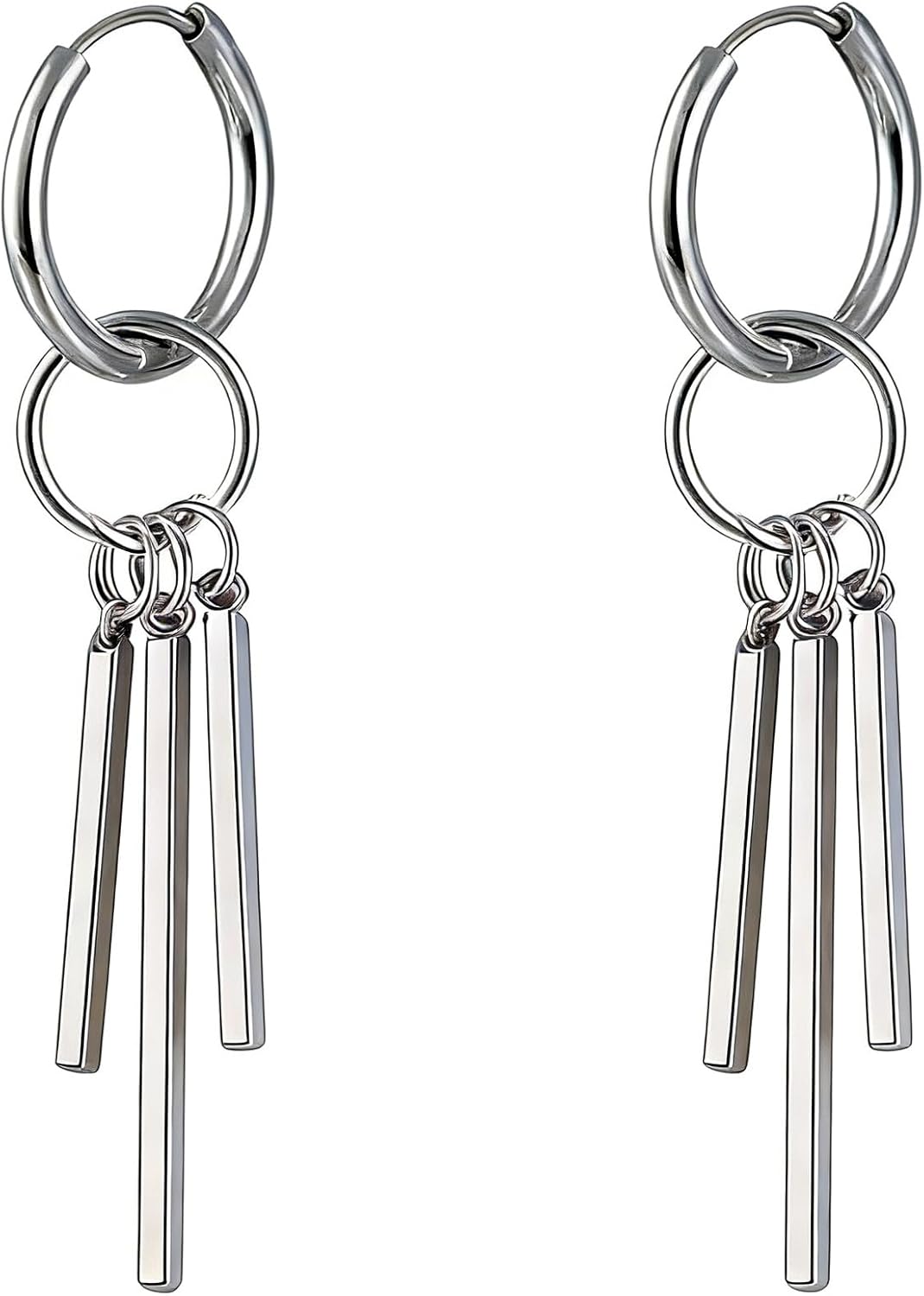 Punk Stainless Steel Three Bar Geometry Dangle Drop Hinged Hoop Huggie Earrings for Women Men Minimalist Geometric Line Stick Stainless Steel Long Pendant Earrings