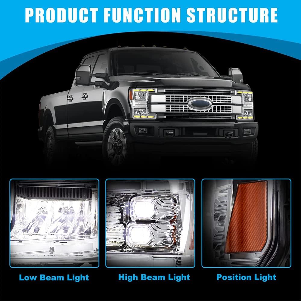 CPW Headlights Assembly Fit For 2017 2018 2019 Ford F-250/F-350/F-450/F-550 Super Duty Halogen Headlight Model Only, Head Lamps Replacement w/LED Sequential Turn Signal (Chrome/Clear)