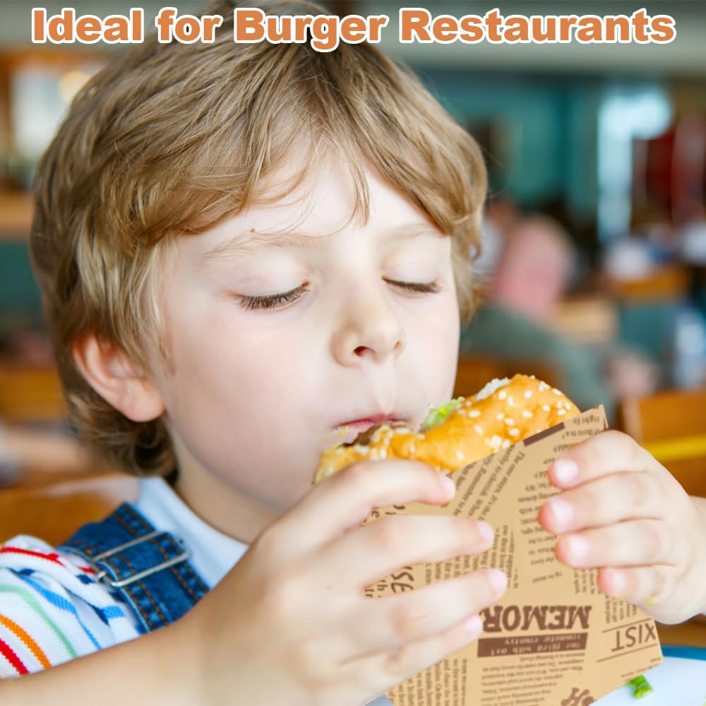 200 sztuk papierowych torebek do burgerów, burgerów, kanapek, 150 x 150 mm, stary styl druku gazet, torebki spożywcze na burgery, przekąski, frytki