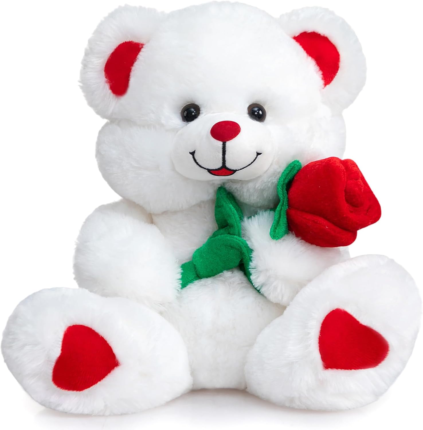HollyHOME Teddy Bear Stuffed Animal Holding Red Rose That Says I Love You and Blushes LED Stuffed Toys for Girlfriend and Kids Anniversary Valentines Birthdays Gifts Home Decor 12 inch White