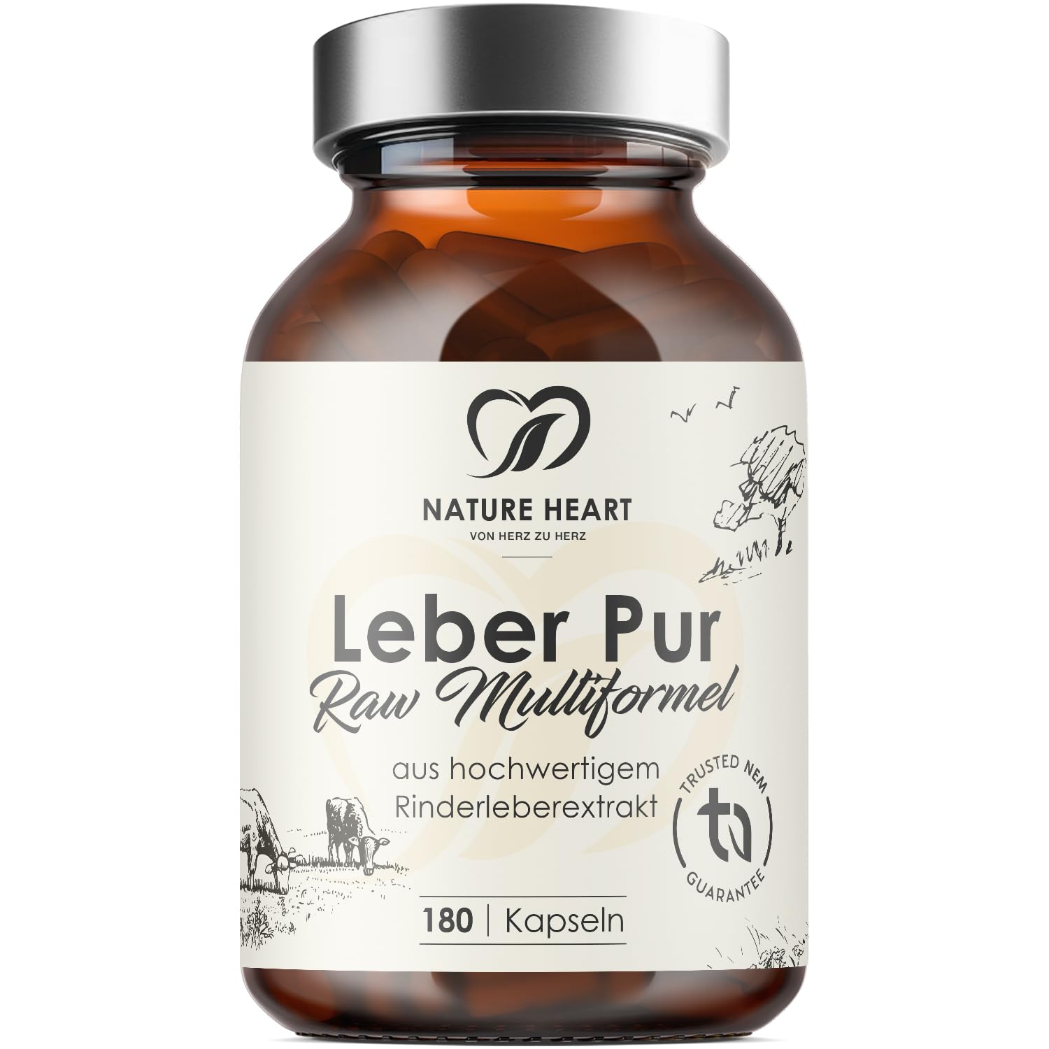 Nature Heart Leber Pur Raw Multiformel, 180 Kapseln | Rinderleberextrakt, Mit Vitamin A, B-Vitaminen, Eisen & Zink, Ohne Zusätze, Hochwertige Rohstoffqualität