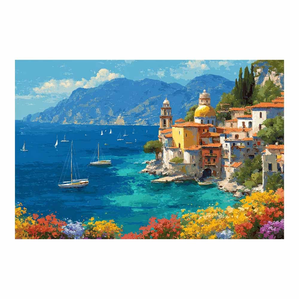 DMZPKZB Scenery Canvas Wall Art Mediterranean Coastsal Town Mural decor,Modern Print Artwork,for Office,Bedroom,Bathroom,corridor,Living Room for Room Decoration(Multicolor)-80x120cm Unframed