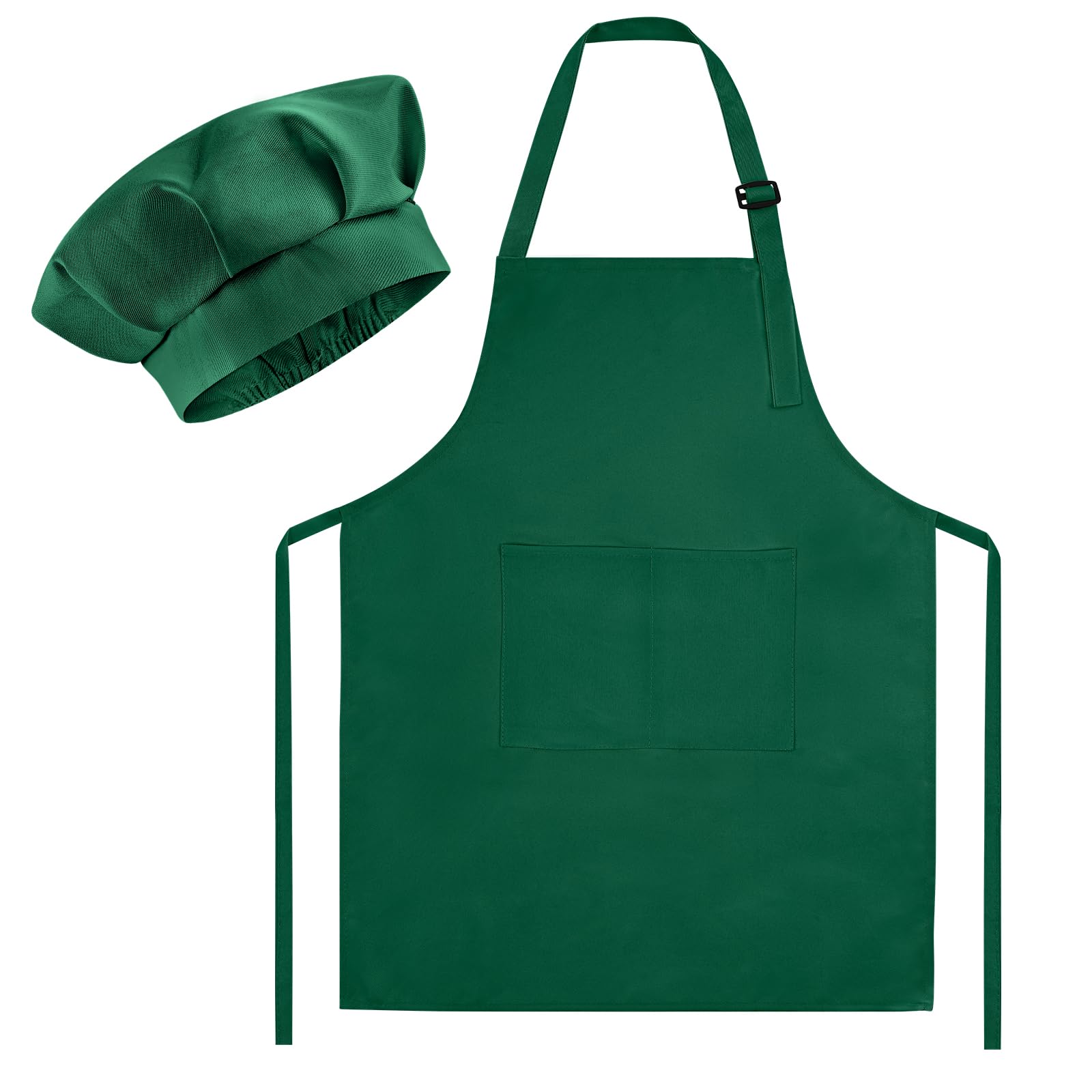 Morcheiong Juego de gorro y delantal de chef para niños, delantal de pintura ajustable y sombrero de chef con 2 bolsillos grandes para niños, cocina, pintura, horneado, De Color Verde Oscuro, 23.5" x