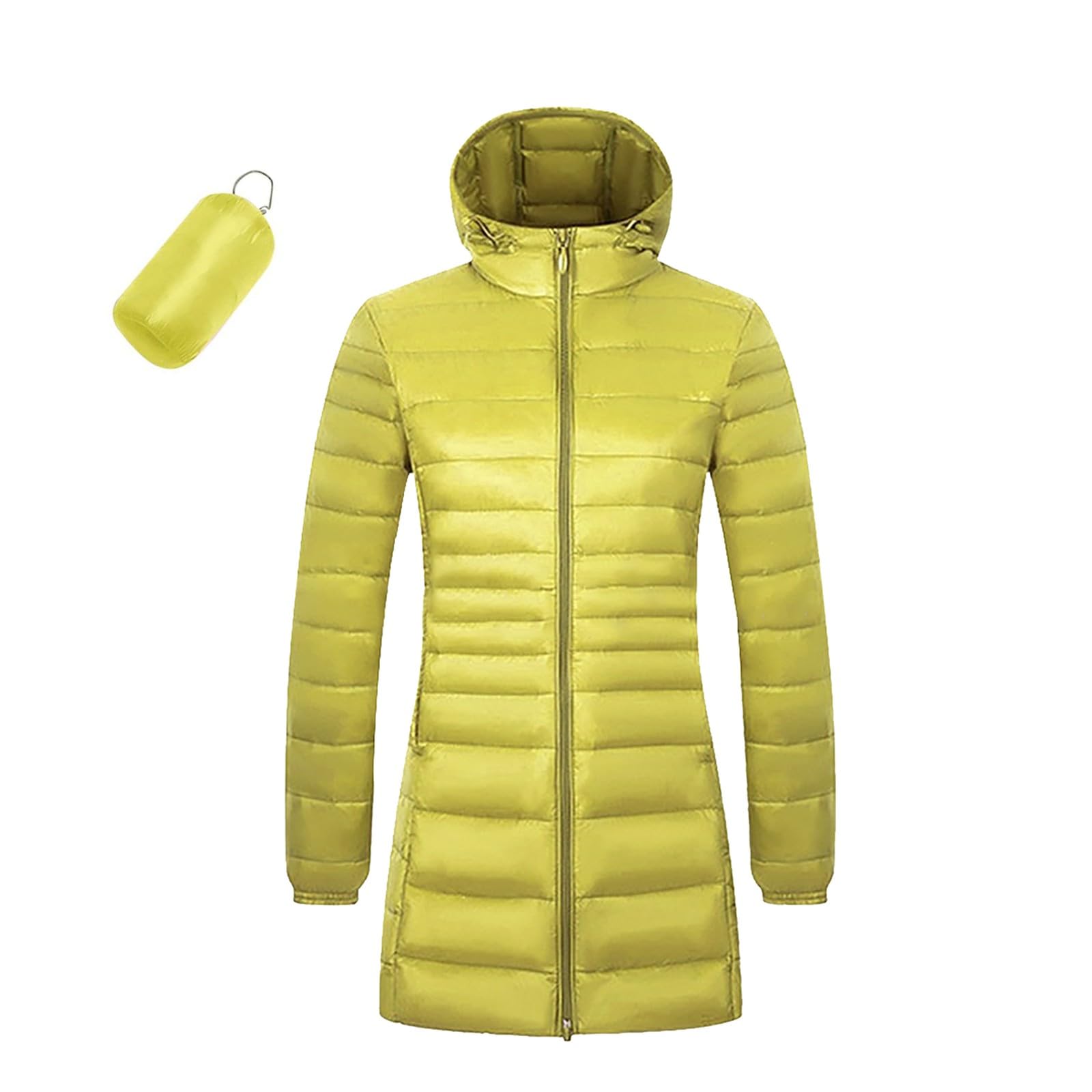 Piumino da donna leggero lungo grandi dimensioni – Piumino da donna caldo con cappuccio giacca trapuntata tinta unita giacca invernale con cerniera giacca mezza stagione con tasche cappotto trapuntato