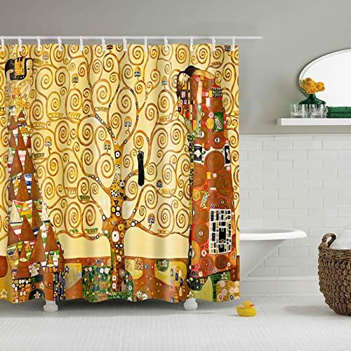 Decoración Moderna para el hogar Klimt Árbol de la Vida Cortinas de baño Cortina de Ducha Poliéster Impermeable con 12 Ganchos Cortinas de baño 28x55in-70x140cm/WxH