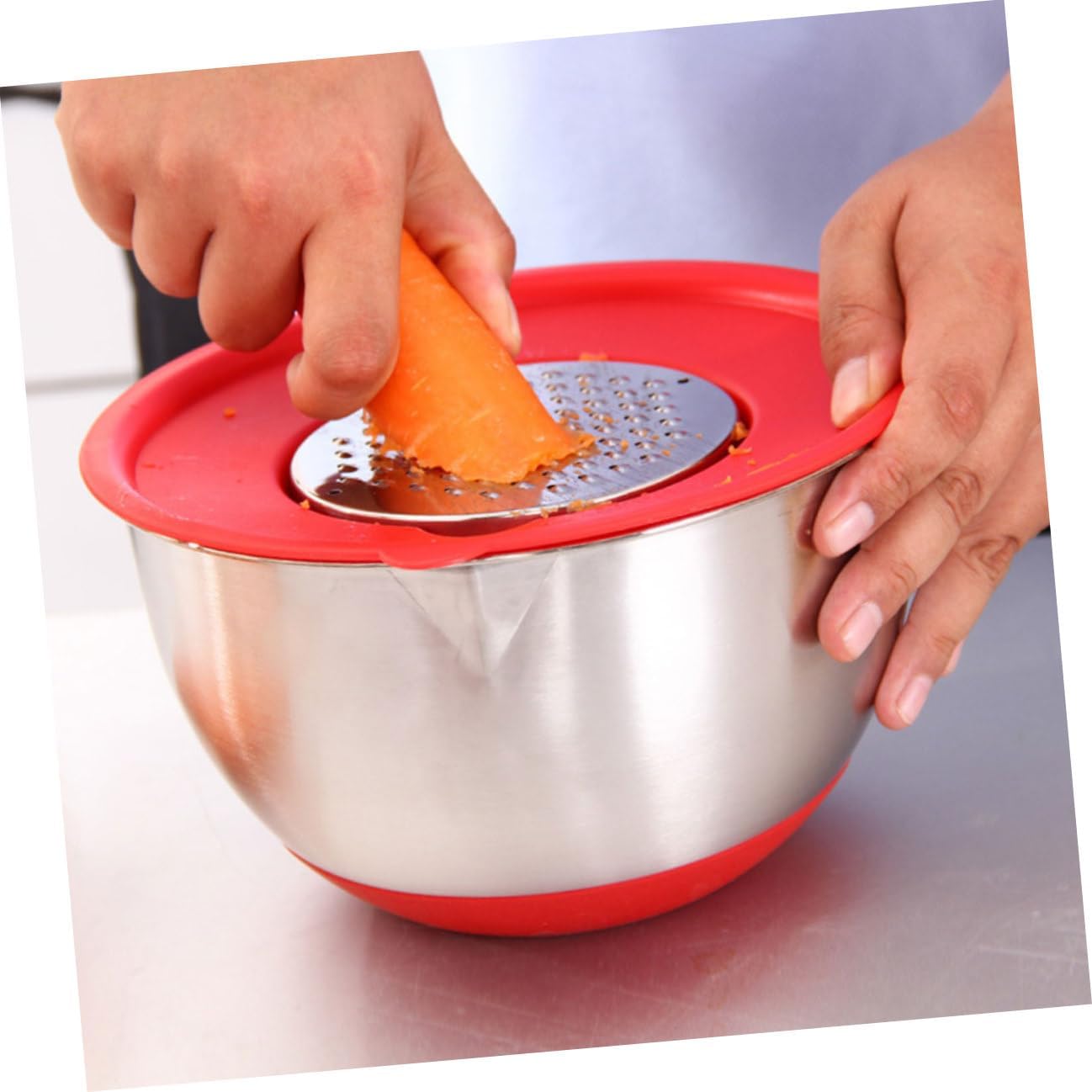 Stainless Steel Mixing Bowls with Red Handle Silicone Base Set, 18cm 20cm Diameter, Includes 2 Lids and 3 Graters, Kitchen Salad and Egg Beating Bowls for Daily Food Prep