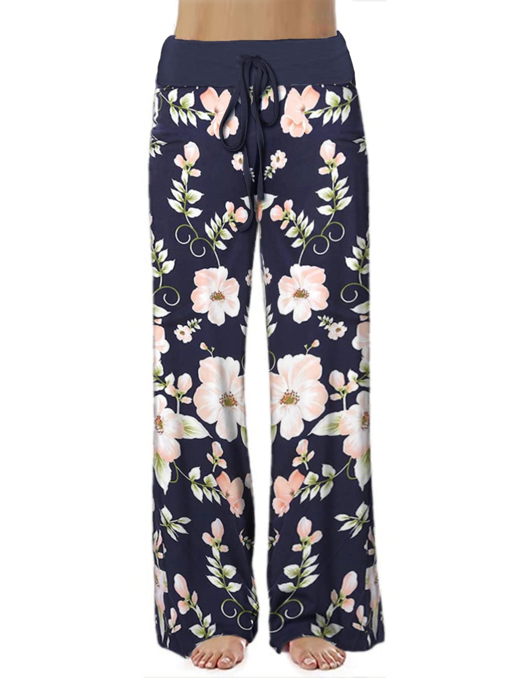 iChunhua Women's Comfy Stretch Floral Print Drawstring Palazzo Wide Leg Lounge Pant