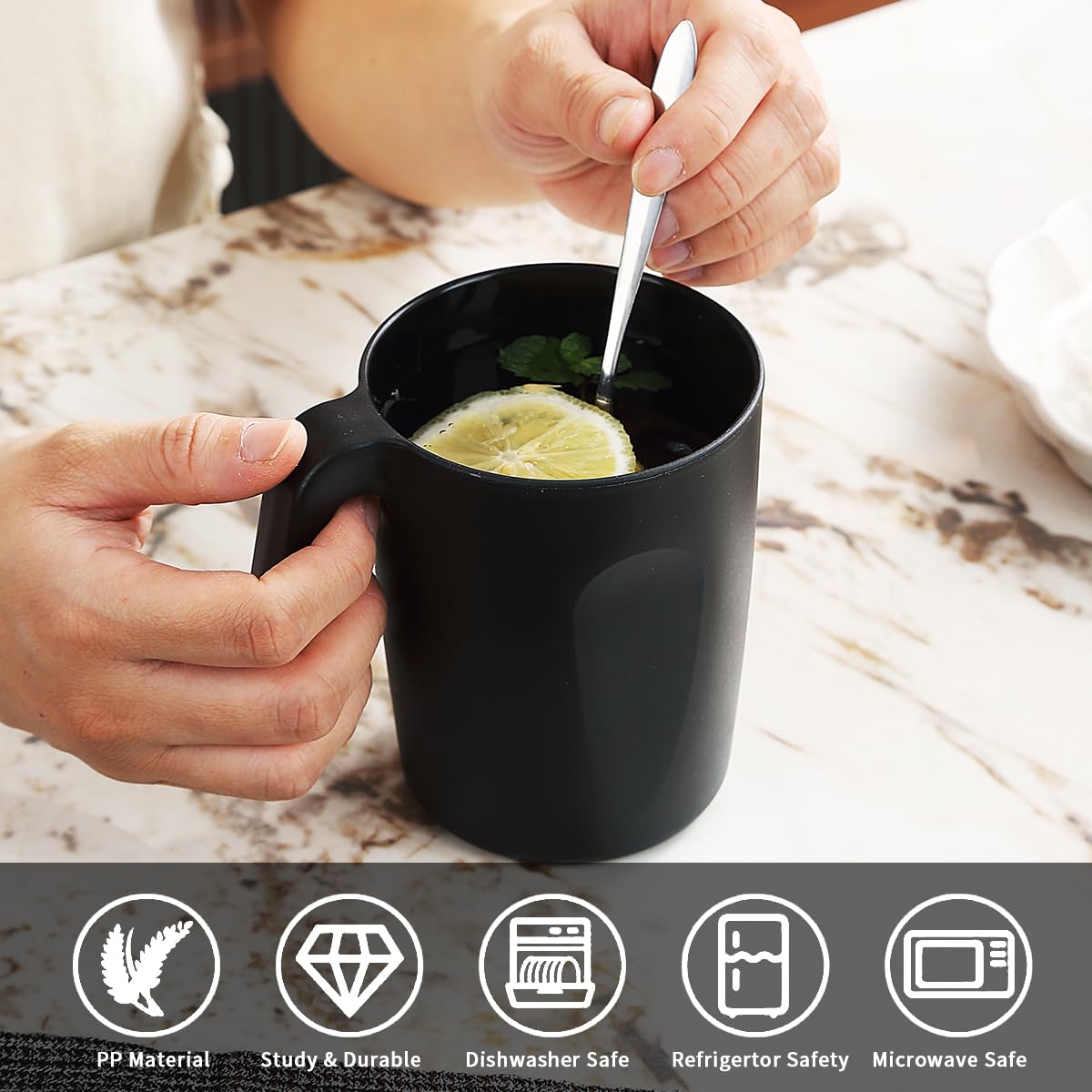 Berglander Set 8 tazze da caffè in plastica nera 450ml con manici riutilizzabili