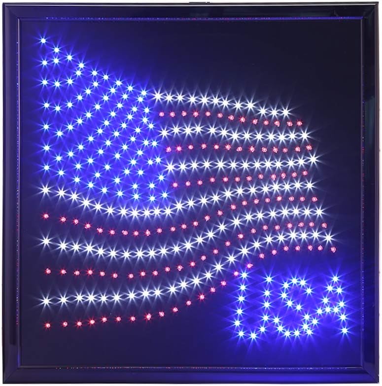 LED American Flag Sign with Animated Lighting, 19 x 19 Inch, Bright Red, White and Blue Lights, Hanging Wall Decor for Home, Bar, or RV Displays, Steel Chain