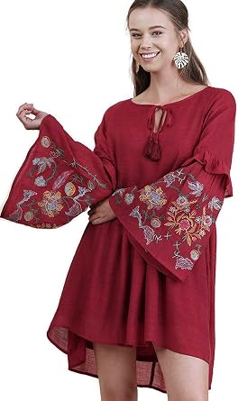 Umgee Womens Embroidered Tassel Tie Keyhole Dress