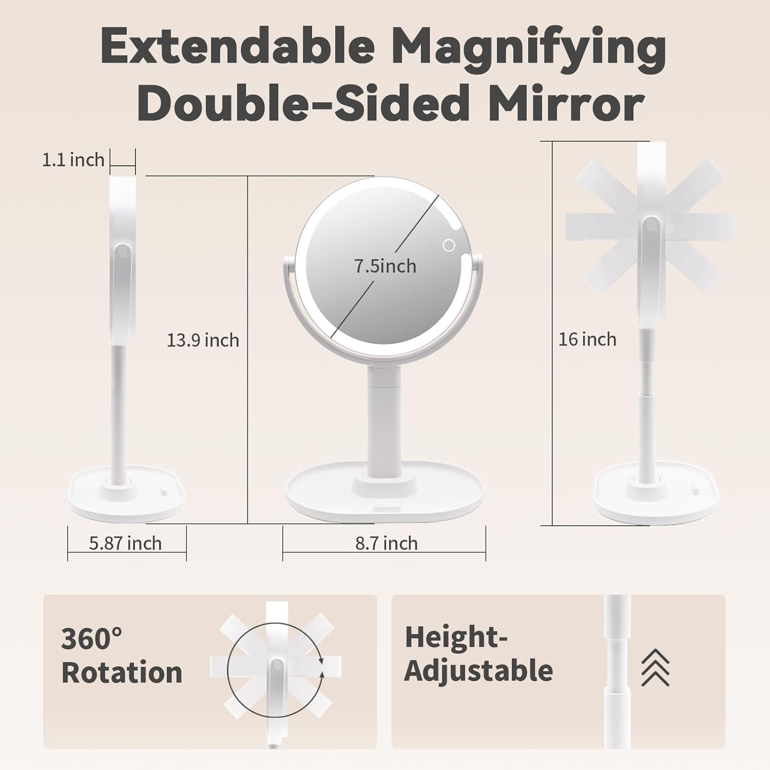 Makeup Mirror with Lights, Double Sided 1x/10x Magnifying Mirror,Rechargeable 3 Color Lights & Adjustable Brightness and Height LED Vanity Mirror, 360° Rotation Detachable Travel Make Up(White) - Image 3