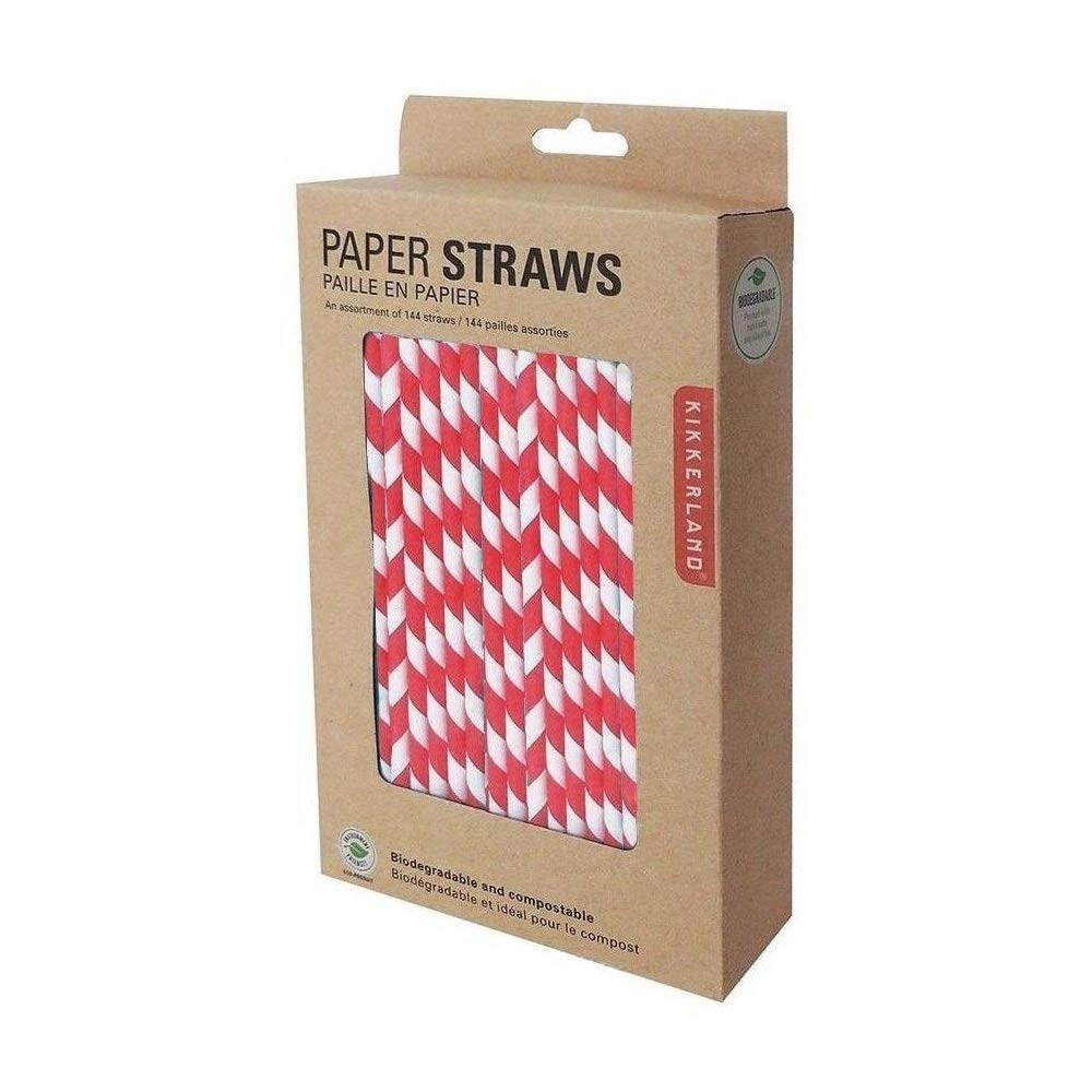Kikkerland Red Biodegradable Paper Drinking Straws - Box 144 Retro Paper Barber Striped Straws