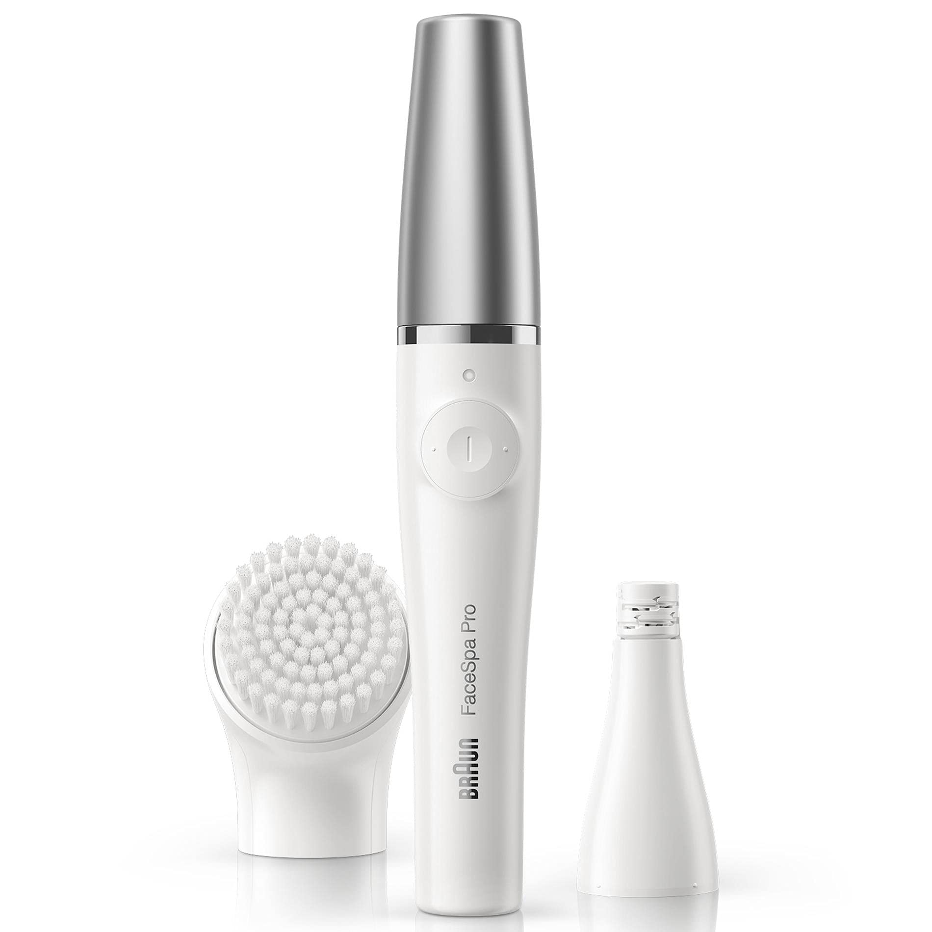 Braun FaceSpa Pro Beauty zestaw z depilatorem do twarzy dla kobiet, szczotka do oczyszczania twarzy, nasadka, usuwanie włosów i czyszczenie, prezent dla kobiet, SE910, biały/srebrny