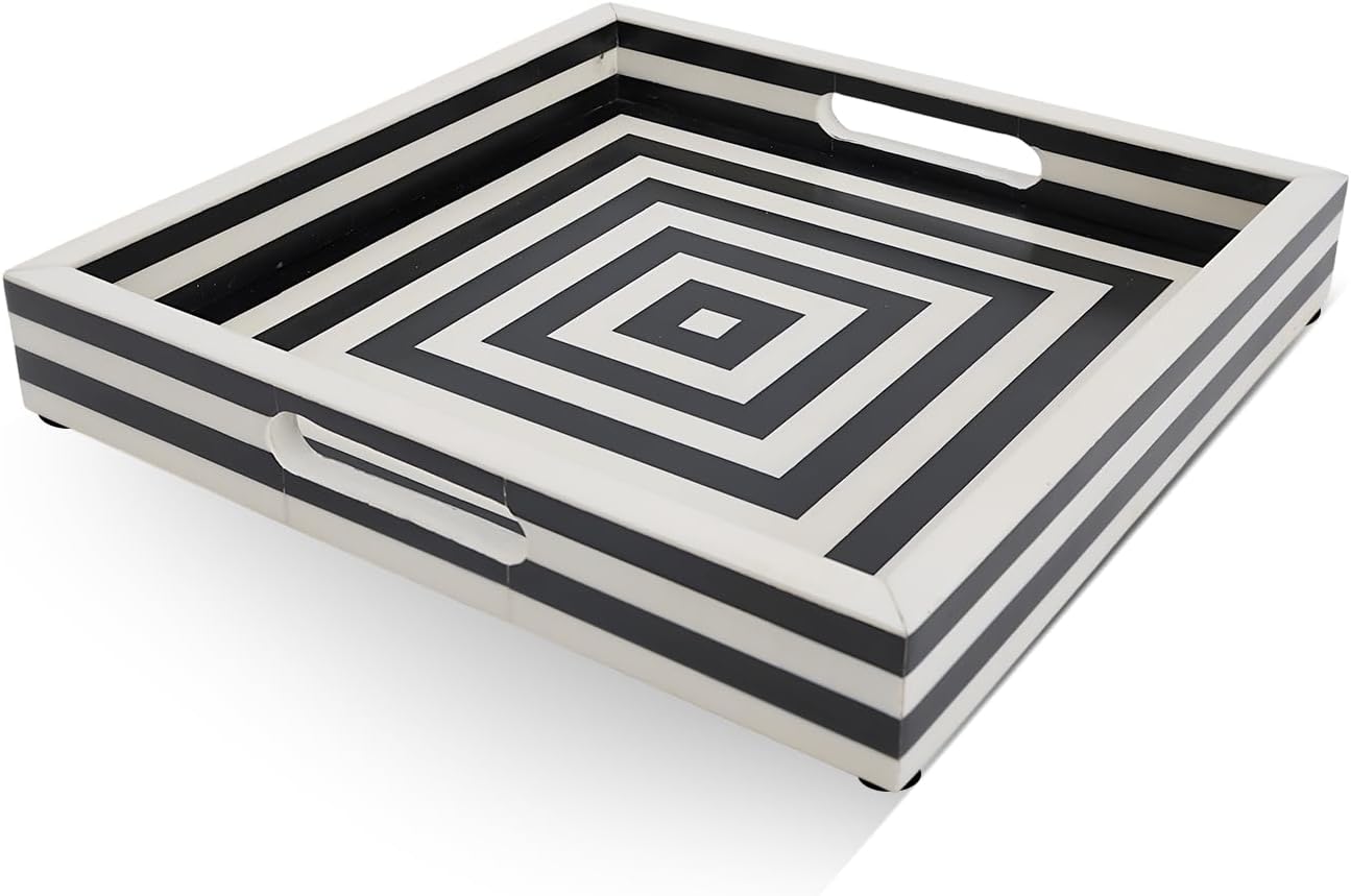 Handicrafts Home Resin Inlay Concentric Black Decorative Ottoman Tray,12x12