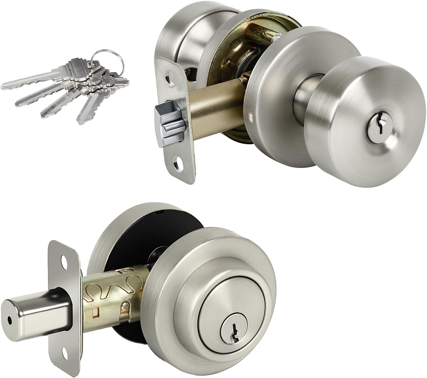 Door Knob and Single Cylinder Deadbolt Combo Set,Front Door Lock Set,Exterior Door Lock Set with Deadbolt, Keyed Alike,Silver(1Pack Set)