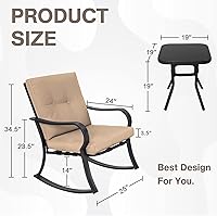 Vista 6 de Mecedoras para exteriores de 3 piezas, juego de muebles de bistró para patio, 2 sillas mecedoras de acero negro con cojín y mesa de centro de Marrón