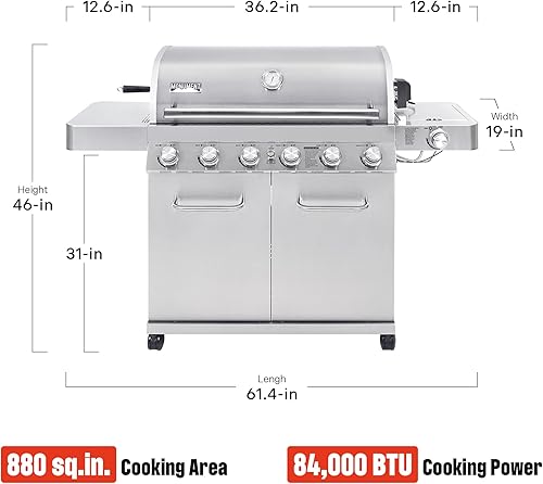 Miniatura 7 de Monument Grills 77352 Parrilla de gas propano de acero inoxidable de 6 quemadores con controles LED, quemador lateral, termómetro integrado y kit de