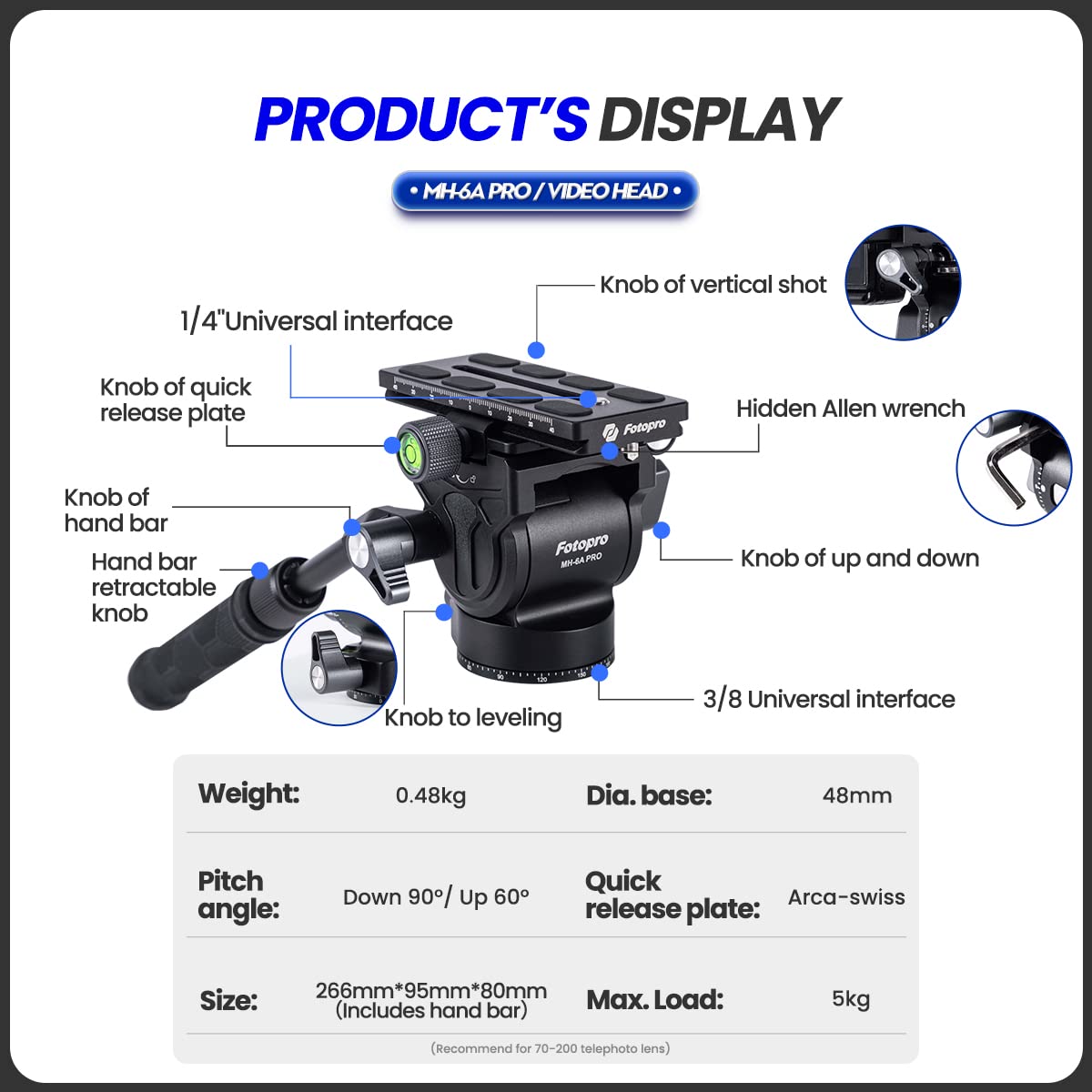 Fotopro MH-6A Pro Tête panoramique fluide pour trépied de caméra vidéo avec plaque QR, pour filmer le vlogging en direct et vidéo