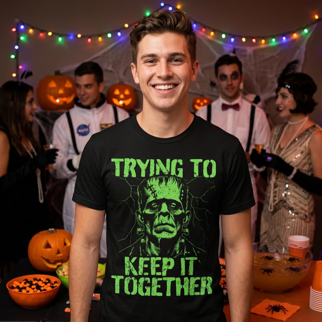 Maglietta divertente da uomo con scritta "Trying to Keep It Together", sarcastico, Halloween, Frankenstein, maglietta da uomo