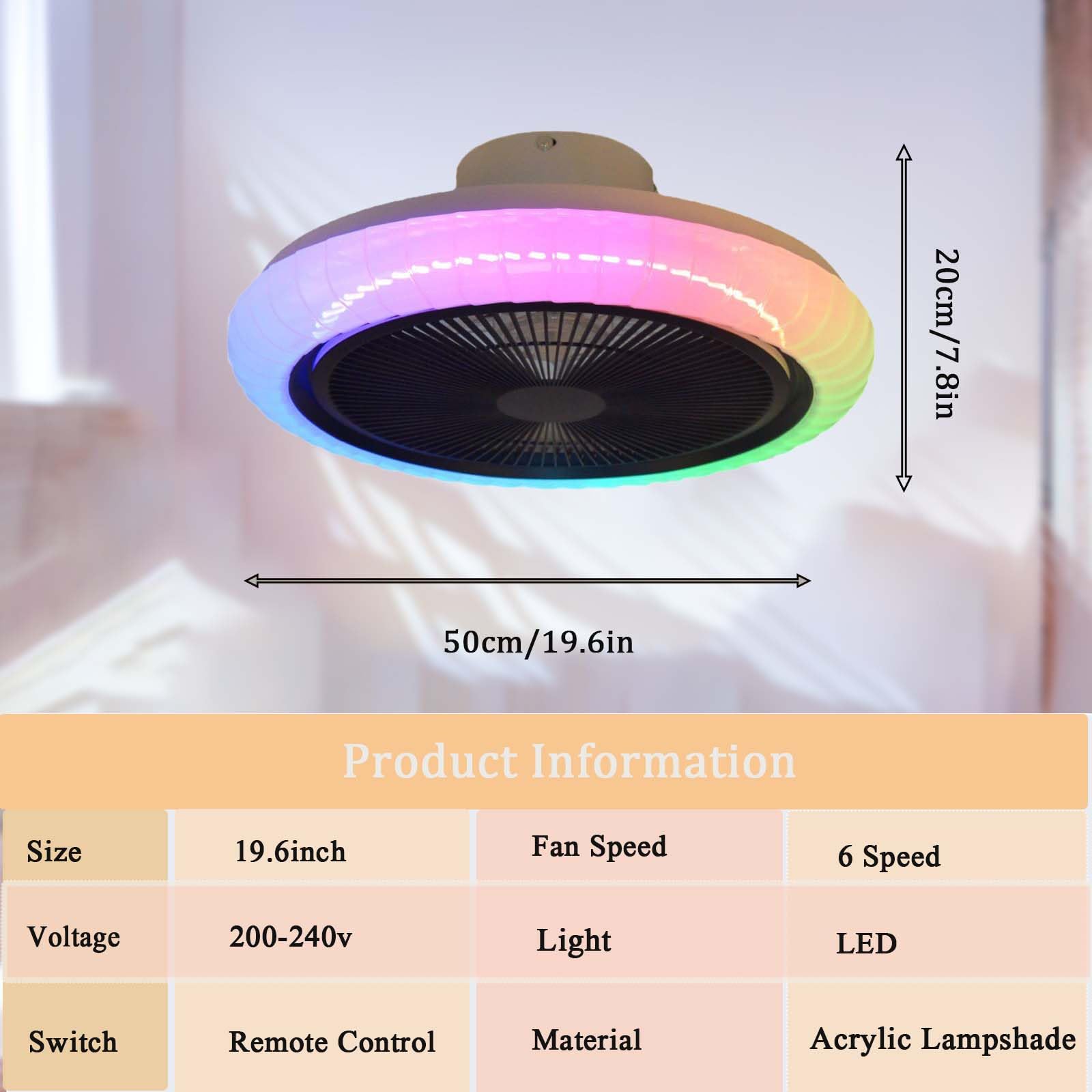 Deckenventilator Mit Beleuchtung Und Fernbedienung Leise RGB 36w Ventilator Lampe App Alexa Reversibel Dimmbar LED Farbwechsel Timer Schlafzimmer Wohnzimmer 50cm Smart 6 Speed