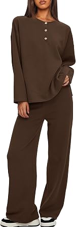 Darong Fall Sweatsuits Set Matching Loungewear | henley top, sweatshirt set, wide leg pants, tracksuits, relaxed fit, button detail top, matching two piece sets
