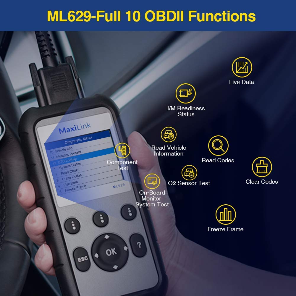 Autel obd2 Diagnosegerät ML629, Airbag/ABS/Motor/Getriebe Fehler lesen mit OBD2 Funktion, OBDII/CAN für VW BMW Benz usw.[14 Sprache Deutsche inkl]