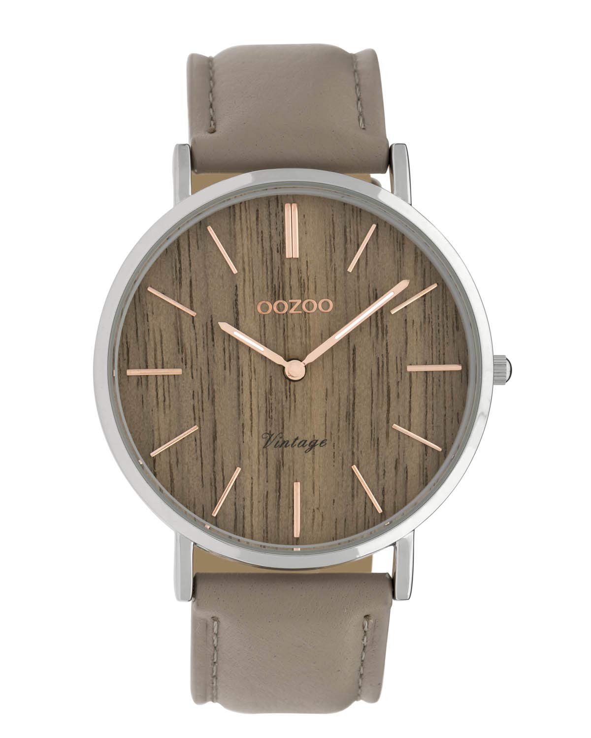 Flache Oozoo Vintage Damenuhr mit Holz Zifferblatt und Lederband in 40 MM (Braun/Taupe)