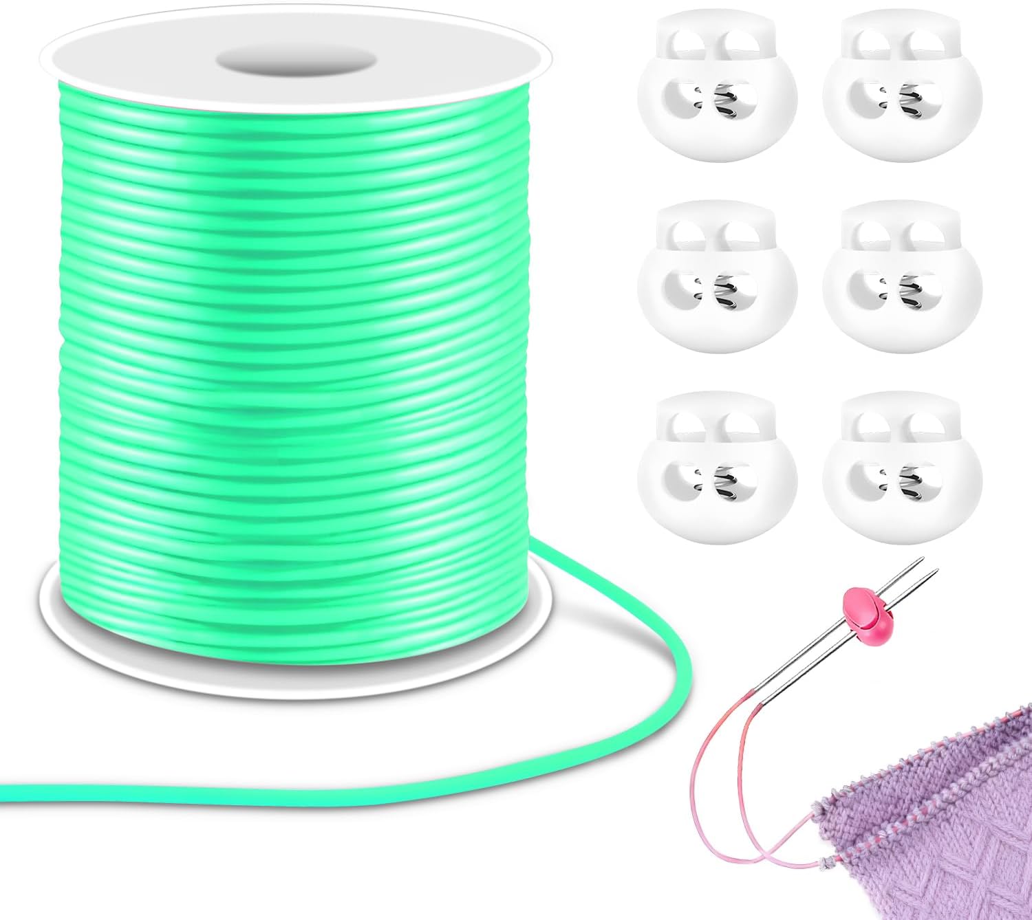 6pcs Plastic Stitch Holders for Knitting Needle Stoppers, 54.68 Yards 2mm Hollow Barber Cords for Knitting Stitch Holders Needle Point Protectors Crochet Accessories and Gadgets, Pony Bead Lacing Cord