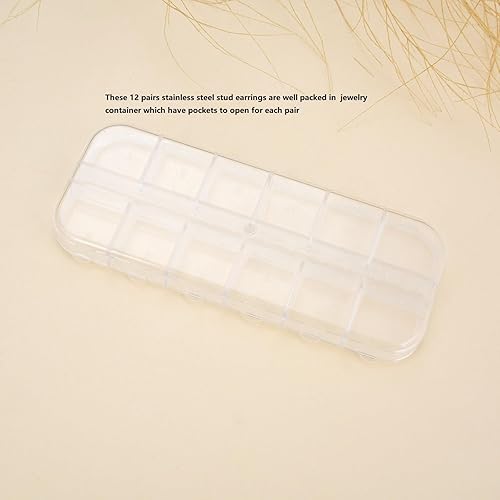 Miniatura 2 de Juego de 12 pares de aretes de tuerca de acero inoxidable con circonita cúbica redonda para mujer, de corte brillante, juego de aretes de tuerca con