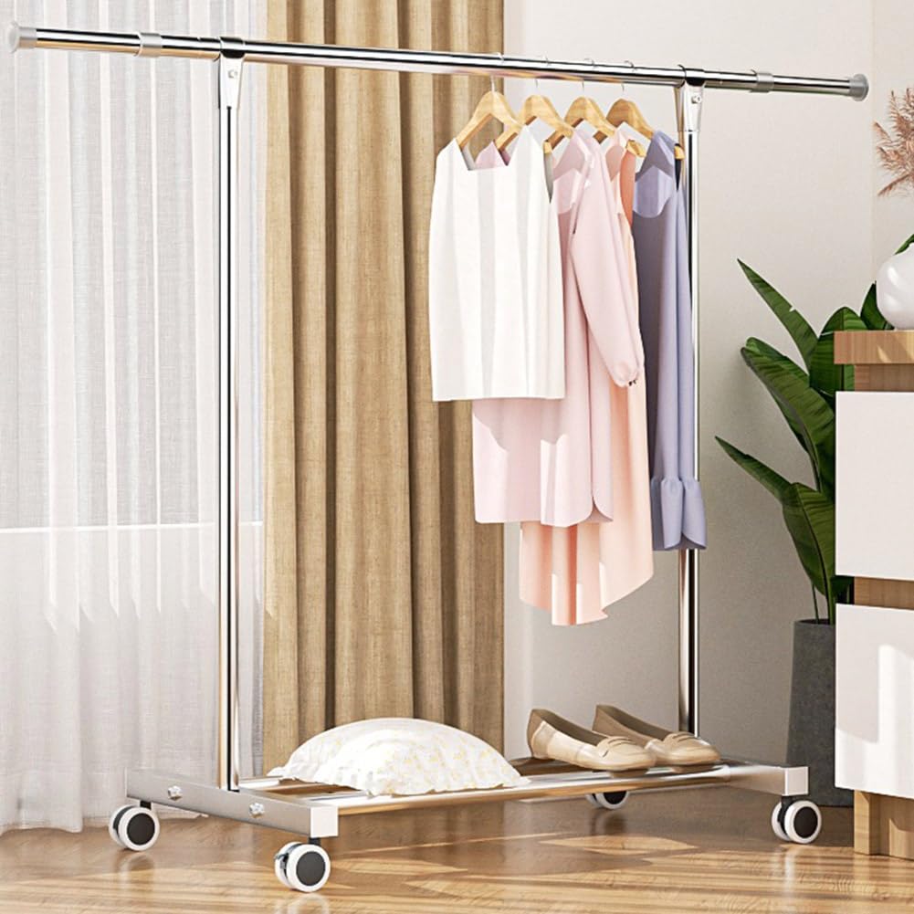 Burro Ropa de Acero Inoxidable con Ruedas, Organizador de Ropa Rodante, Perchero Colgador de Ropa Pesada con Estante y 4 Ruedas, Carga 60kg