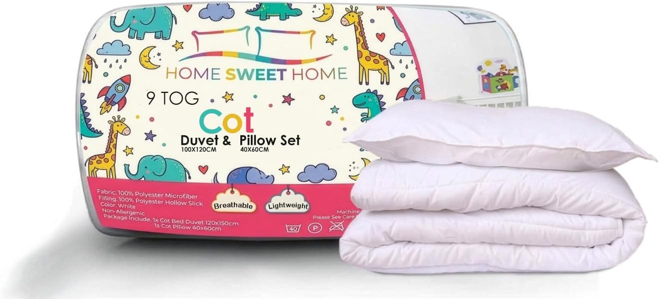 Home Sweet Home UK 9 tog Cot Duvet and Pillow Set – 100% Microfibre Anti-Allergy Toddler Duvet and Toddler Pillow Set – Breathable & Lightweight Baby Quilt 100x120cm - Machine Washable Cot Quilt