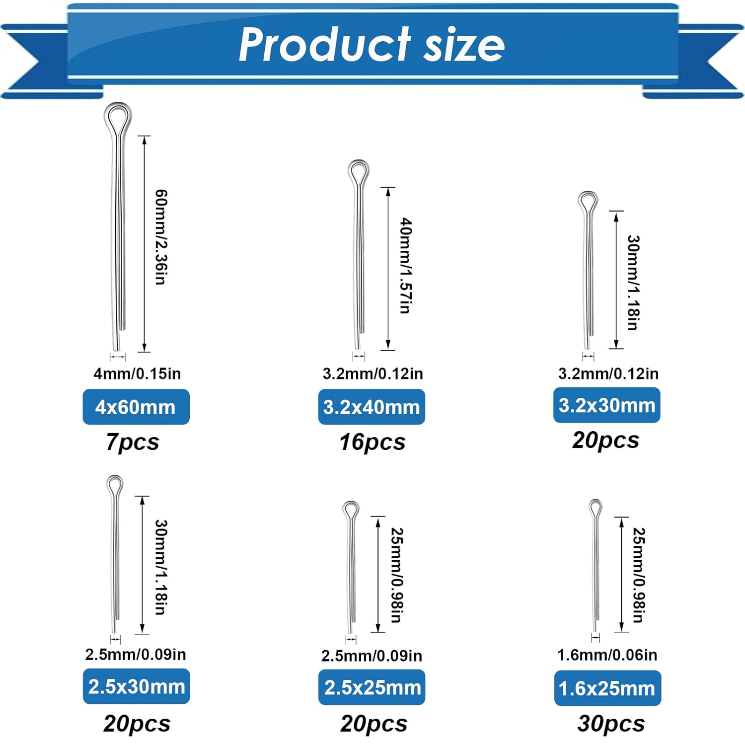 Cotter Pin Assortment Kit - 304 Stainless Steel 13 Sizes Cotter Pins & R Clips Cotter Pin Set for Hitch Pin Lock Systems