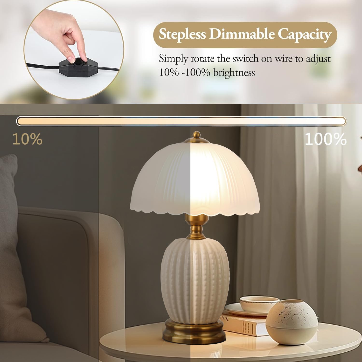 Ceramic Table Lamp Dimmable for Living Room, 16" Modern Vintage Bedside Nightstand Lamps with White Glass Shade,Classic Chinoiserie Retro Bedroom Lamp for Night Stands, Dorm,Office, Home Decor