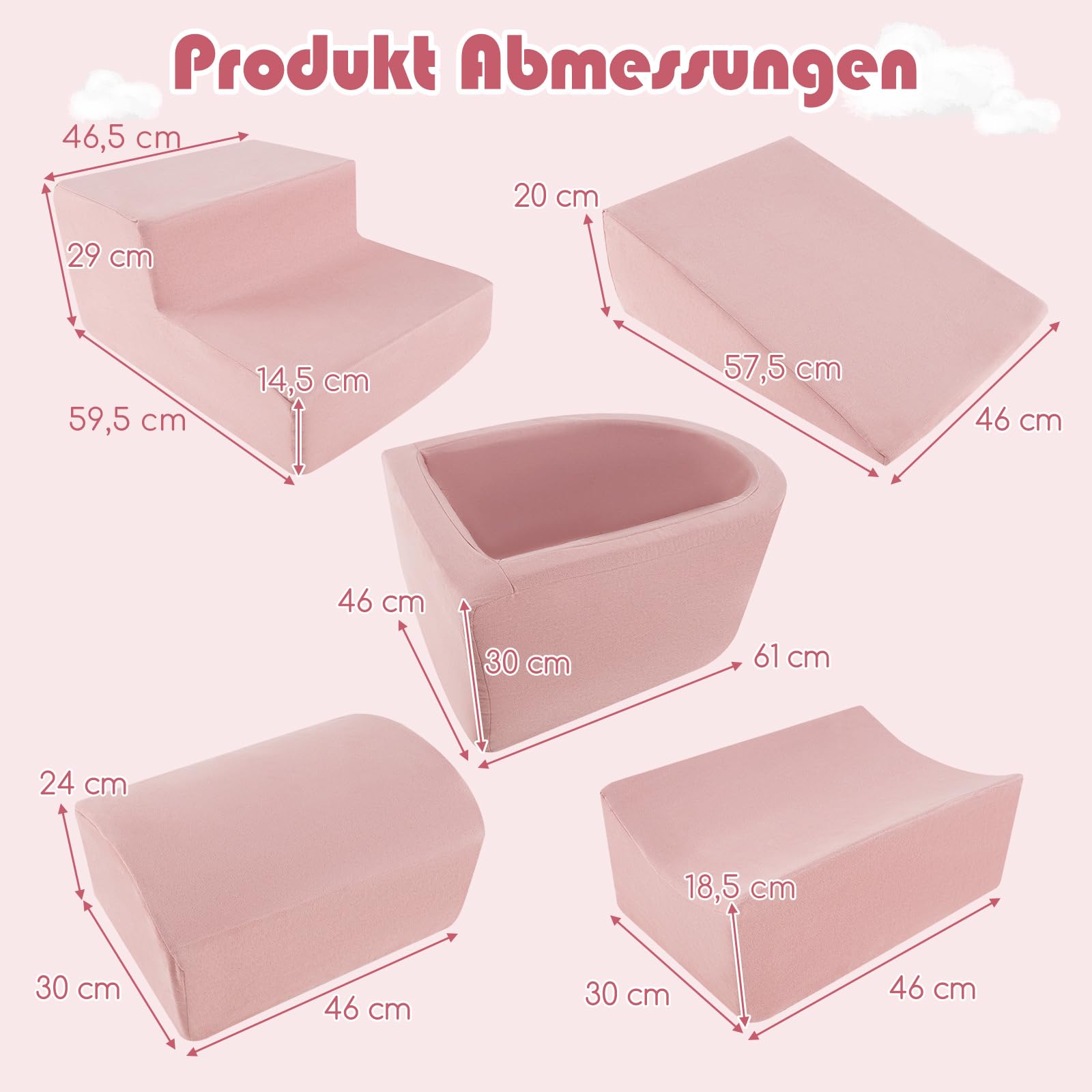 DREAMADE 5 TLG. Softbausteine, Riesenbausteine mit Bällebad & waschbarem Bezug, Großbausteine aus Schaumstoff, Kletterblöcke zum Toben & Klettern für Kleinkinder (Rosa)