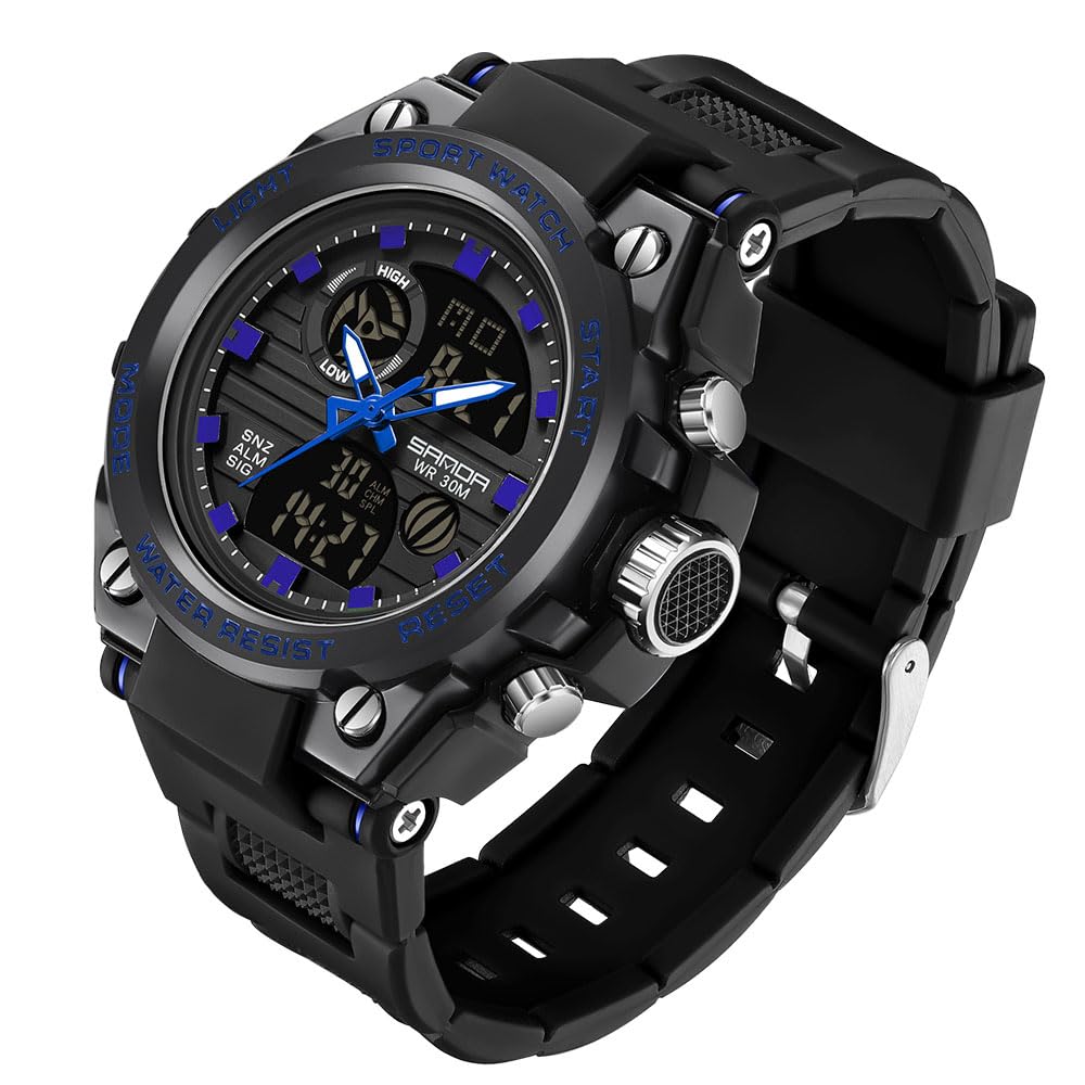 Gosasa Orologio sportivo digitale da uomo, display LED, antiurto, militare, doppio fuso orario, orologio da polso per esterni, impermeabile, sveglia