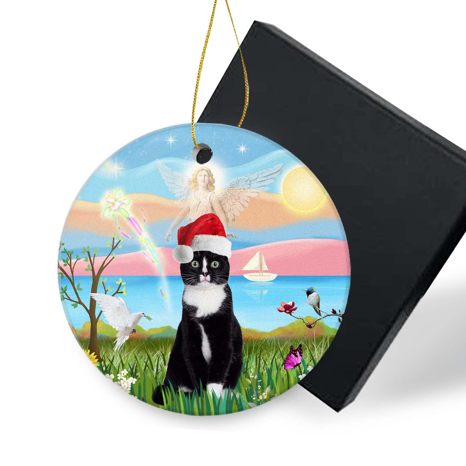 Funny Christmas Ornament 2022-Angel Loving a Tuxedo Cat with Christmas Santa Hat Holiday Present Round Xmas Tree Ornament Decor 3 inch with Gift Box